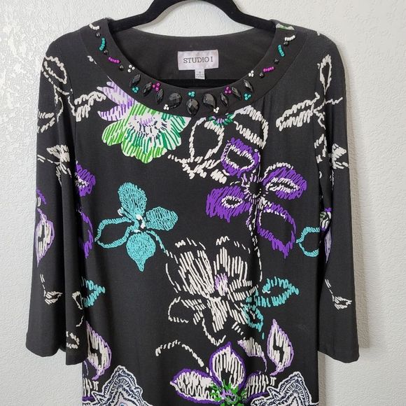 Studio I 3/4 sleeve stretch knit floral graphic scoop neck midi dress - Picture 2 of 7